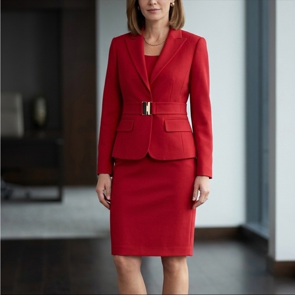Anne Klein Red Belted Skirt Suit Set - 2 Piece Power Suit - Size 6P